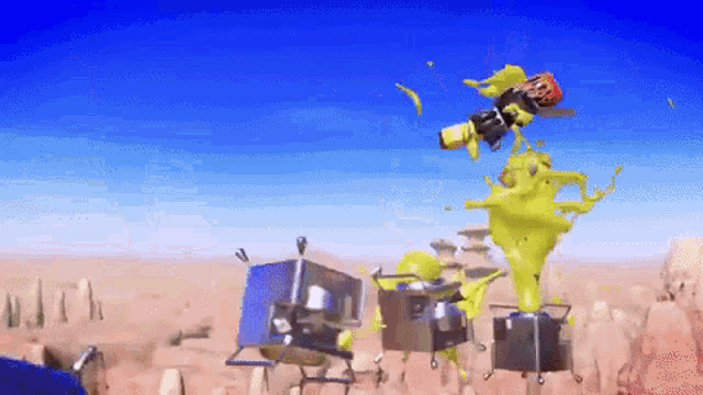 a cartoon drawing of a spongebob character flying through the air with a blue sky in the background