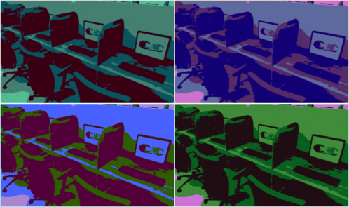 four different colored images of cubicles with computer monitors with the letters cdc on them