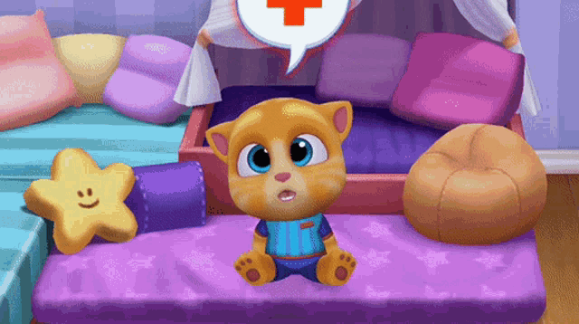 a cartoon cat sitting on a bed with a speech bubble with a red cross on it