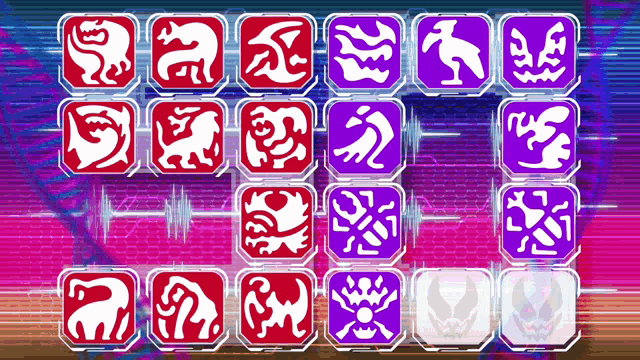 a bunch of red and purple squares with white animals on them