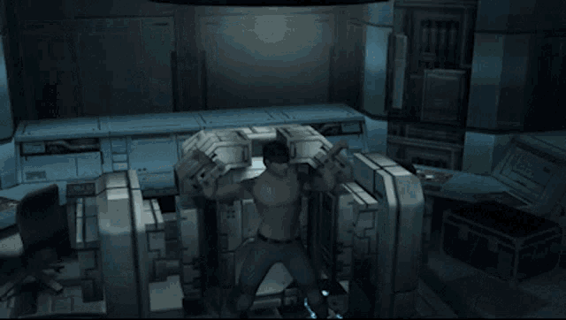 a man in a video game is standing in front of a computer