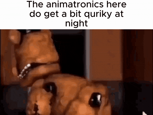 a picture of a teddy bear with the words `` the animatronics here do get a bit quirky at night '' written on it .
