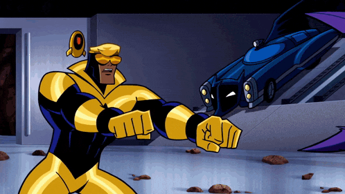 a cartoon of a man in a yellow and black superhero costume