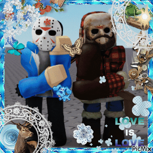 a picture of jason voorhees and freddy krueger with the words love is love on it