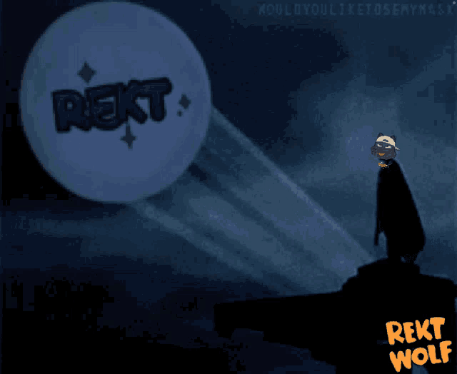 a man in a cape is standing in front of a rekt wolf sign