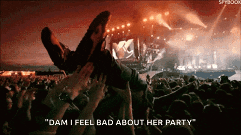 a crowd of people at a concert with the words " dam i feel bad about her party " on the bottom