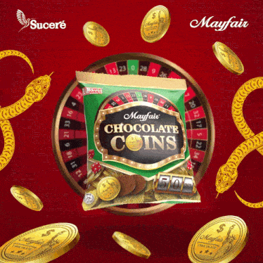 a bag of mayfair chocolate coins is surrounded by gold coins