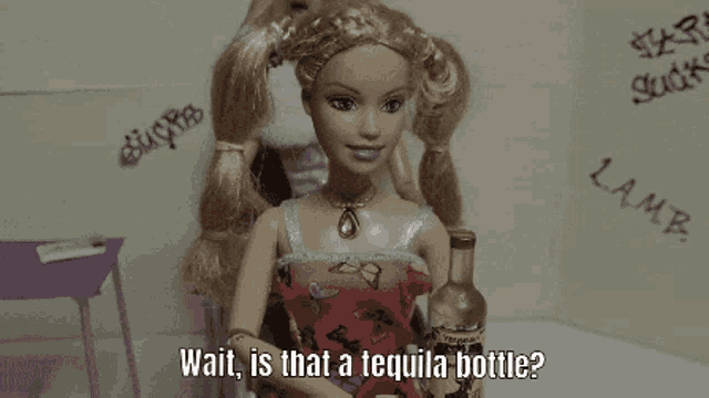 a barbie doll is holding a tequila bottle and saying wait is that a tequila bottle