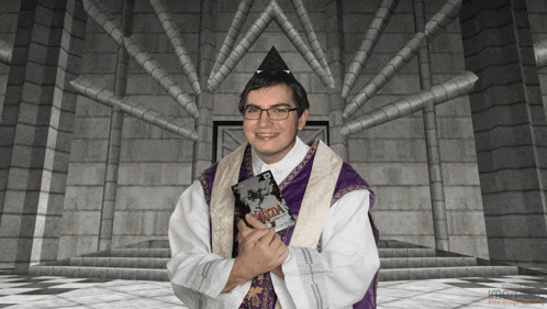 a man in a priest 's robe is holding a book that says iron