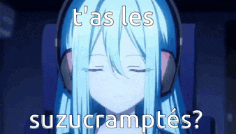 a girl with blue hair is wearing headphones and says suzucrampes ?