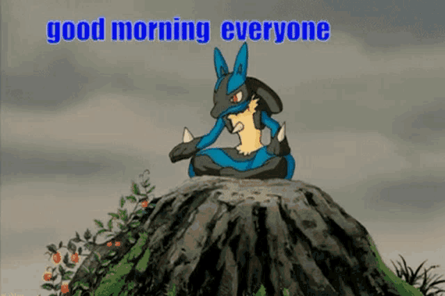 a cartoon of lucario sitting on top of a rock with the words `` good morning everyone '' .