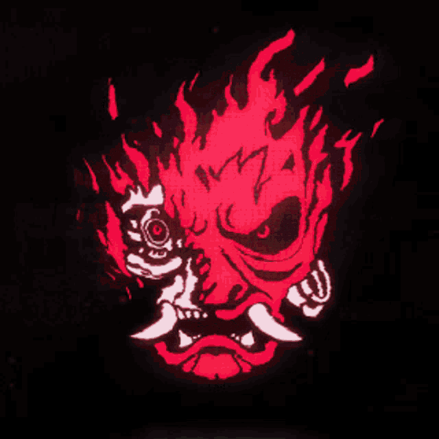 a glowing red samurai mask with a sword in its mouth