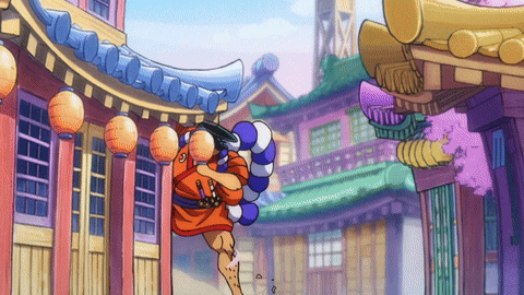 a cartoon drawing of a man jumping in front of a building with lanterns hanging from the roof