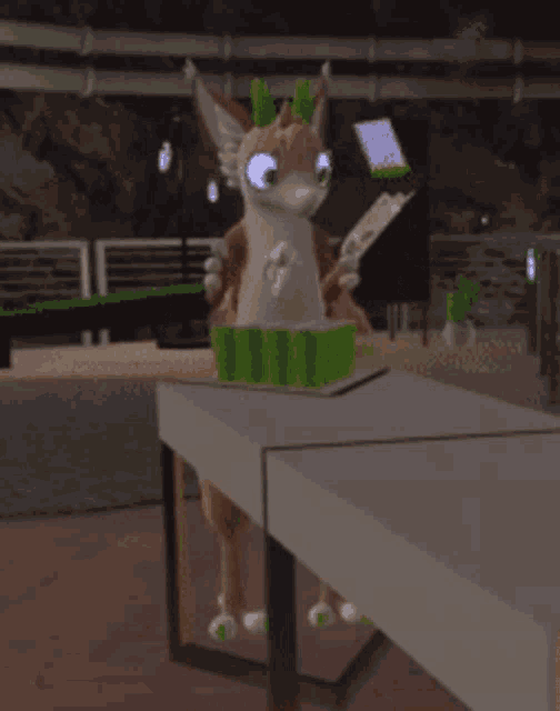 a cartoon character is standing on a table holding a green container