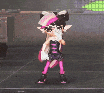 a cartoon character in a black and pink outfit is waving