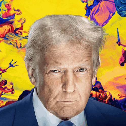 a close up of donald trump 's face in front of a colorful background