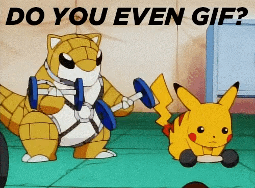 a cartoon of pikachu lifting dumbbells next to another cartoon character with the words do you even gif
