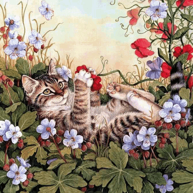 a painting of a cat laying on its back in flowers