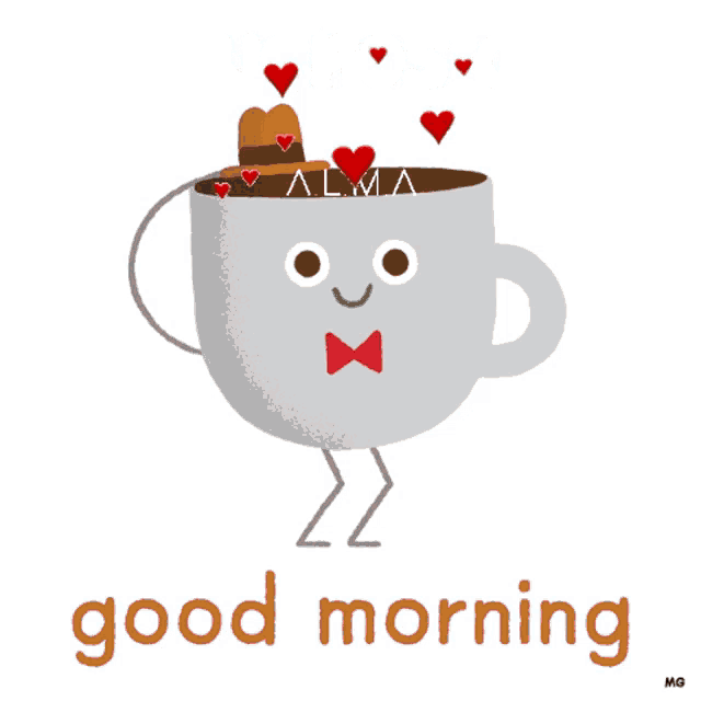 a cartoon of a cup of coffee with the words buenos dias and good morning