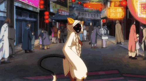 a cartoon drawing of a cat walking down a street