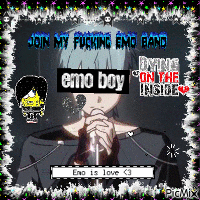 a picture of an emo boy holding a microphone with the words join my fucking emo band