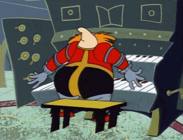a cartoon character is playing a piano with a yellow table in front of it