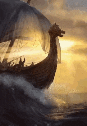 a viking ship with a dragon head is sailing through the ocean .