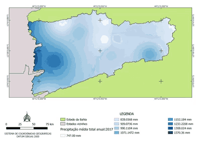 a map of a brazilian state shows the amount of precipitation in 2016