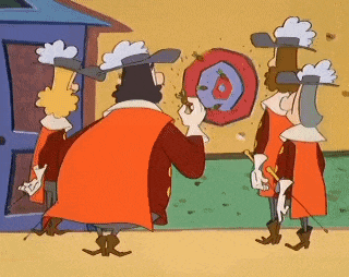 a group of cartoon characters are standing in front of a door .