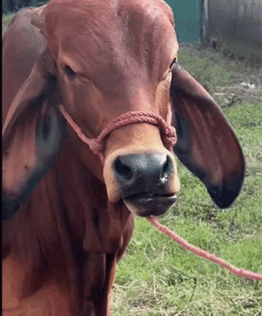 a close up of a brown cow with a pink rope around its neck