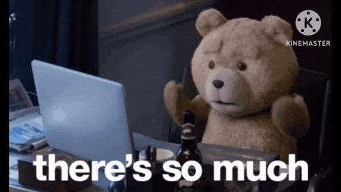 a teddy bear is sitting in front of a laptop and says there 's so much .