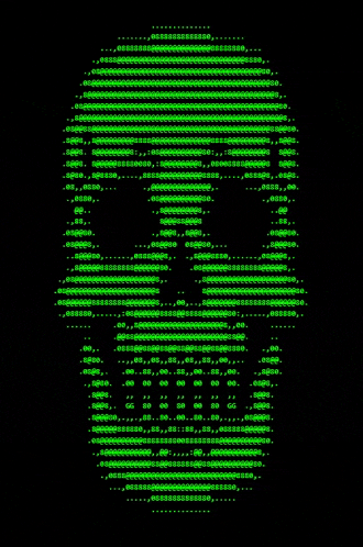 a black background with a skull made of green letters