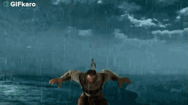 a man is flying through the air while holding a sword .