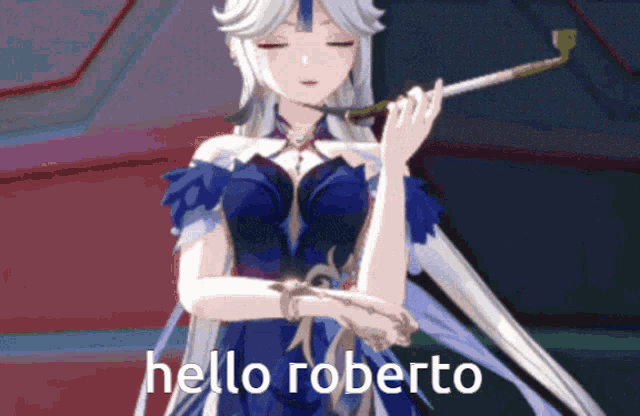 a video game character says hello roberto while holding a pipe in her hand