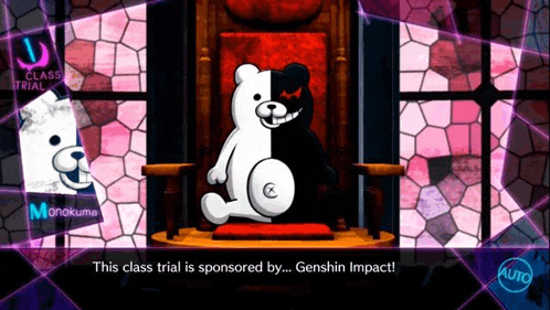 a black and white teddy bear is sitting on a throne in a room .