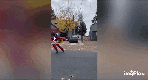 a tik tok video of a person rollerblading down a road