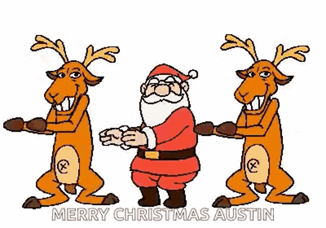 a cartoon of santa claus and two reindeer standing next to each other on a white background .