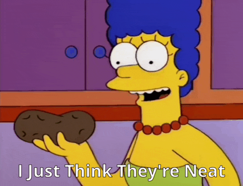 a cartoon of marge simpson holding a potato with the words i just think they 're neat below her