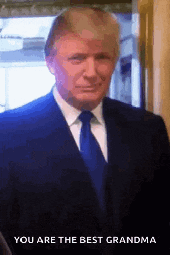 donald trump is wearing a suit and tie and says you are the best grandma .