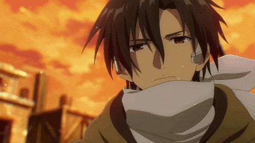 a cartoon character with a scarf around his neck looks at the camera