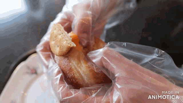 a person is holding a piece of bread in a plastic bag that says made in animotica on the bottom