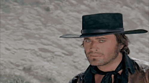 a man with a beard wearing a black hat and a brown vest