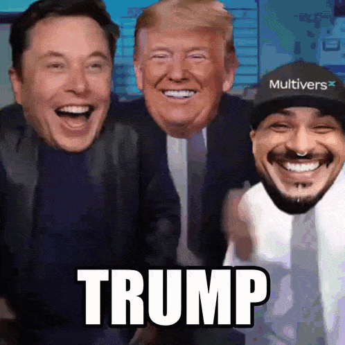 elon musk donald trump and a man with a multivers hat