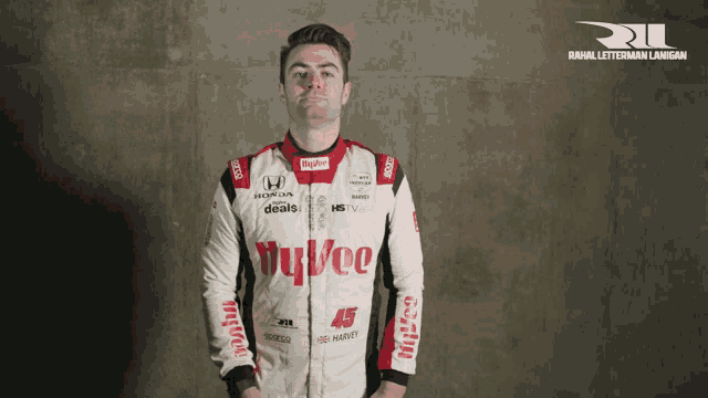 a man is wearing a honda racing suit