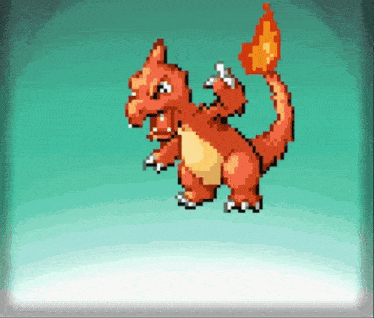 a pixel art drawing of a red dragon with a fire tail