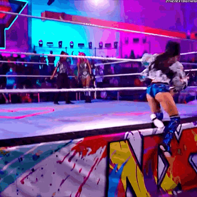 a woman in a wrestling ring is jumping over a wall that has the letter n on it