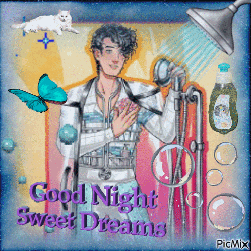a picture of a man taking a shower with the words " good night sweet dreams "