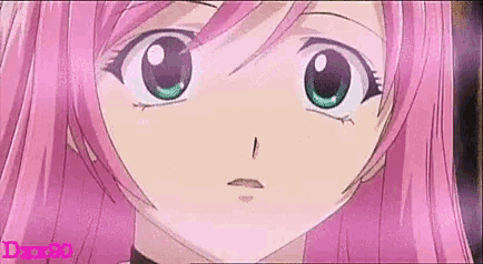 a close up of a pink haired anime girl with green eyes and a surprised look on her face .