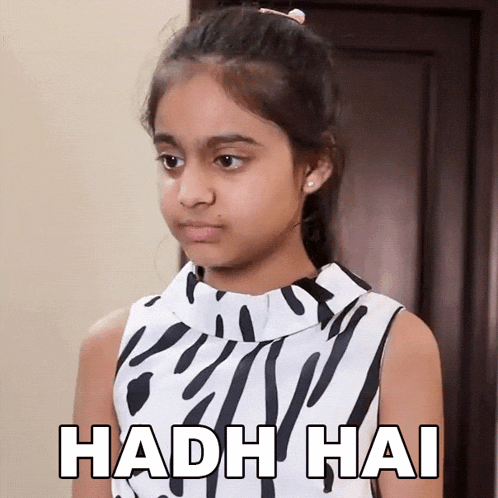 a girl in a zebra print dress is making a funny face with the words " hadh hai " below her
