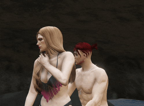 a man and a woman standing next to each other in a cave